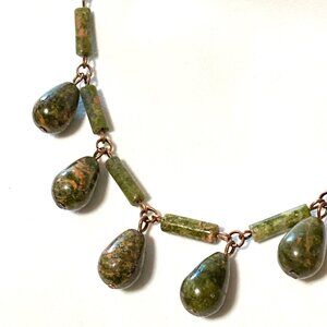 Rustic Natural Green Waterdrop Unakite Necklace, Genuine Gemstone + Copper Chain